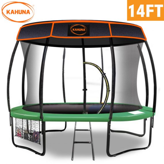 Kahuna Trampoline 14 ft with Basketball set Roof – Green