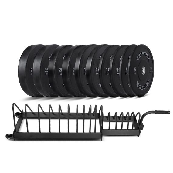Cortex 150kg Black Series V2 Rubber Olympic Bumper Plate Set 50mm with 16 Plate Toaster Rack