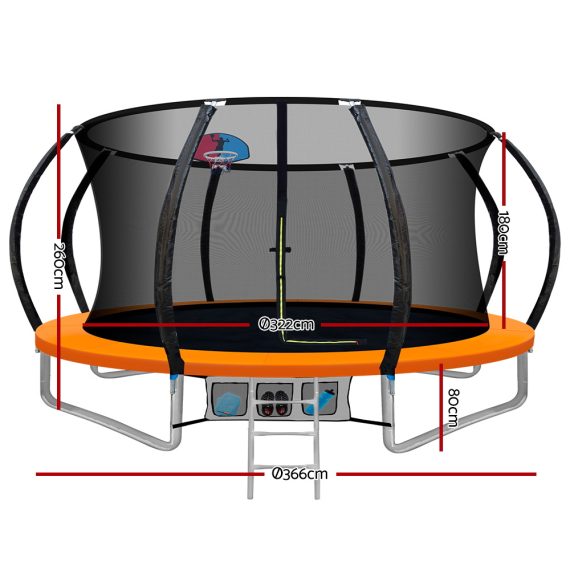 Everfit Trampoline Round Trampolines With Basketball Hoop Kids Present Gift Enclosure Safety Net Pad Outdoor – Orange, 12ft