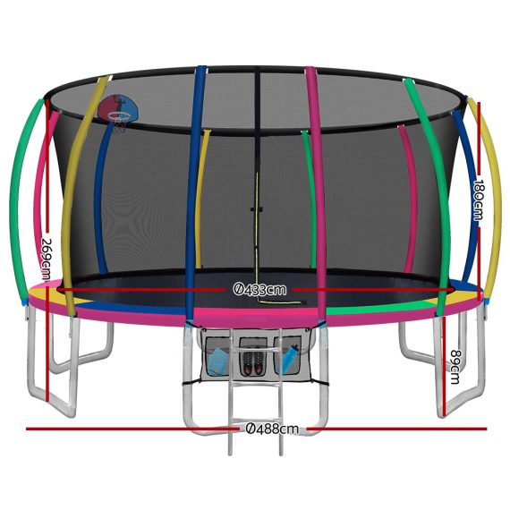 Everfit Trampoline Round Trampolines With Basketball Hoop Kids Present Gift Enclosure Safety Net Pad Outdoor – MULTICOLOUR, 16ft