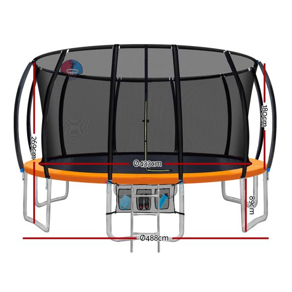Everfit Trampoline Round Trampolines With Basketball Hoop Kids Present Gift Enclosure Safety Net Pad Outdoor – Orange, 16ft