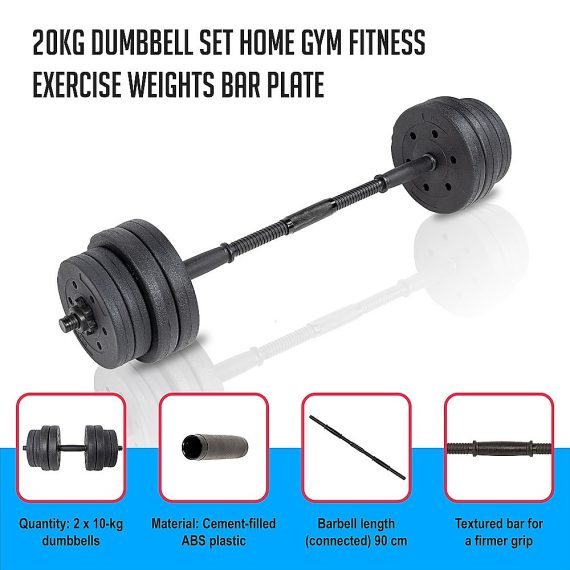 20kg Dumbbell Set Home Gym Fitness Exercise Weights Bar Plate