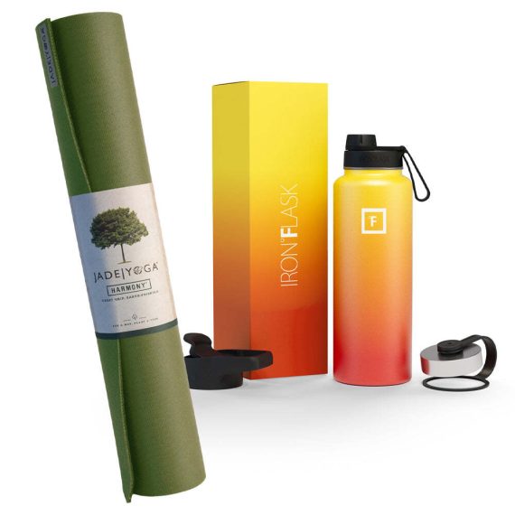 Harmony Mat – Olive & Iron Flask Wide Mouth Bottle with Spout Lid, Fire, 32oz/950ml Bundle