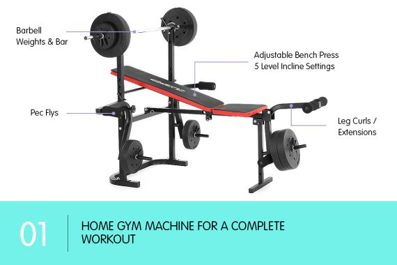 Powertrain Home Gym Workout Bench Press with 45kg Weights
