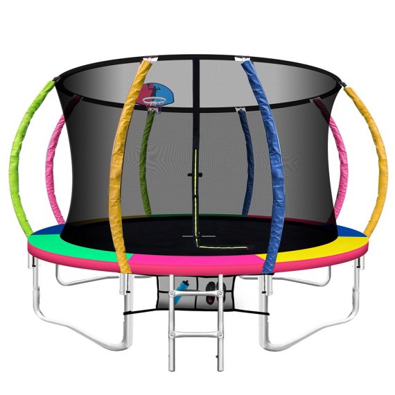 Trampoline Round Trampolines With Basketball Hoop Kids Present Gift Enclosure Safety Net Pad Outdoor – MULTICOLOUR, 12ft