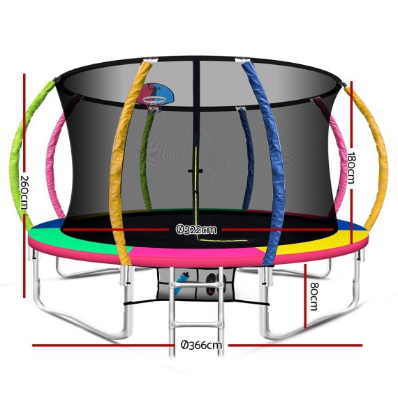 Trampoline Round Trampolines With Basketball Hoop Kids Present Gift Enclosure Safety Net Pad Outdoor – MULTICOLOUR, 12ft