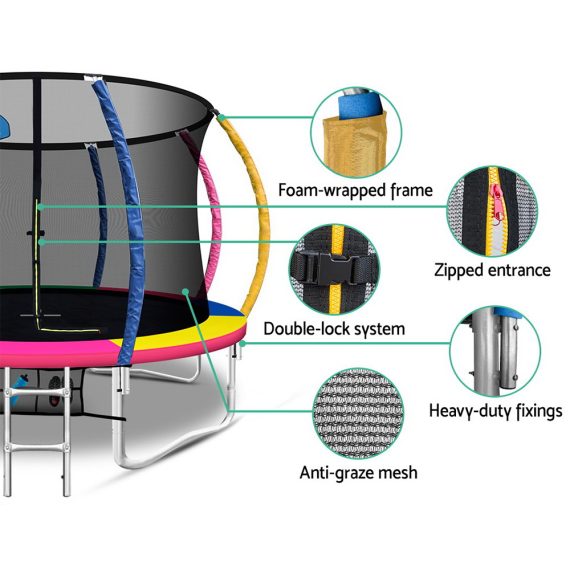 Trampoline Round Trampolines With Basketball Hoop Kids Present Gift Enclosure Safety Net Pad Outdoor – MULTICOLOUR, 12ft