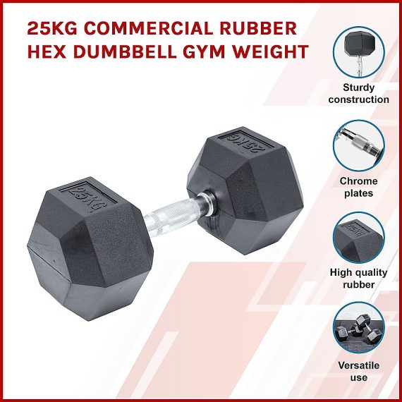 Commercial Rubber Hex Dumbbell Gym Weight – 25 KG