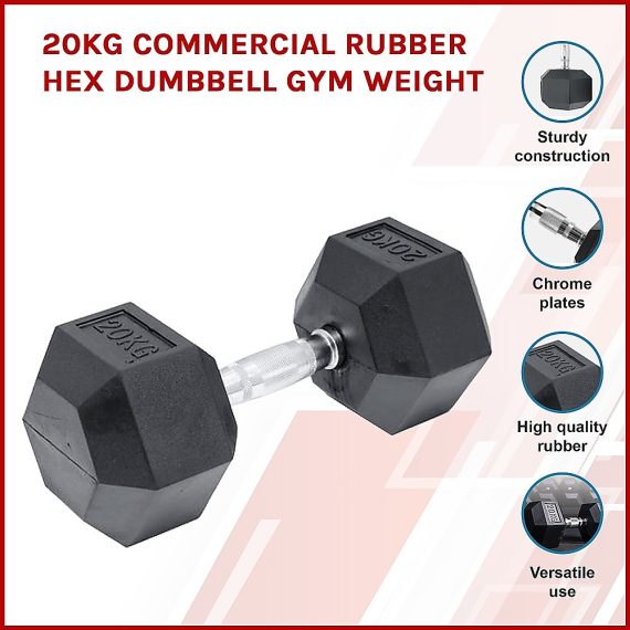 Commercial Rubber Hex Dumbbell Gym Weight – 20 KG