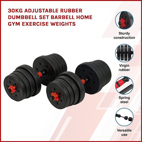 Adjustable Rubber Dumbbell Set Barbell Home GYM Exercise Weights – 30 KG