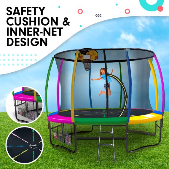 Kahuna Trampoline with Basket ball set – Rainbow, 10 FT